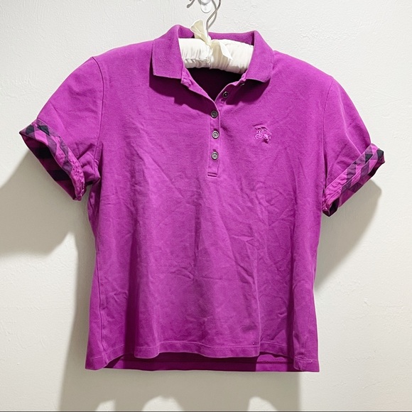 BURBERRY BRIT Women’s Purple Novacheck Cuff Short Sleeve Polo Shirt Size XL